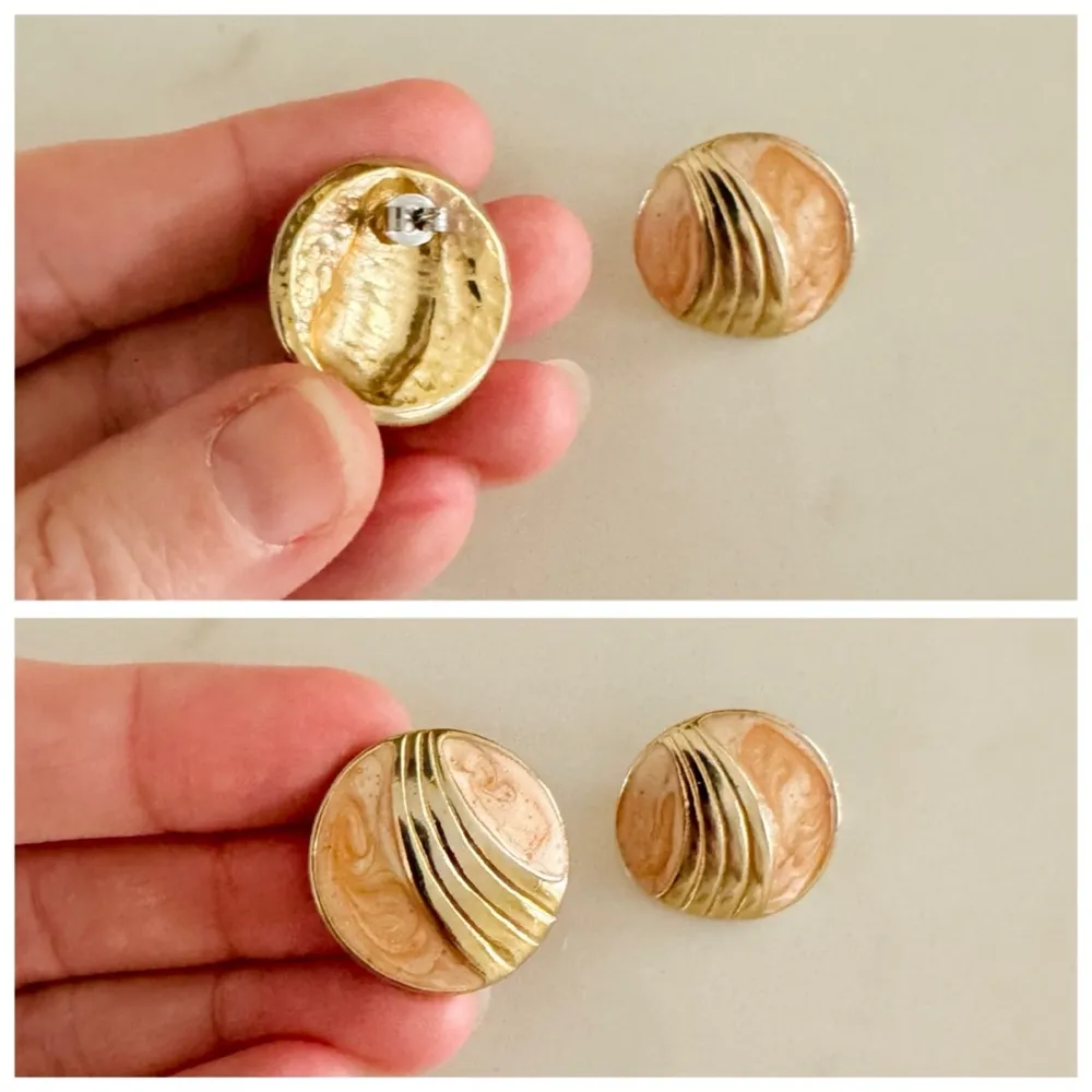 Vintage Gold Wave Coral Swirl Enamel Button Round Art Deco Earrings, Post Back - Image 13