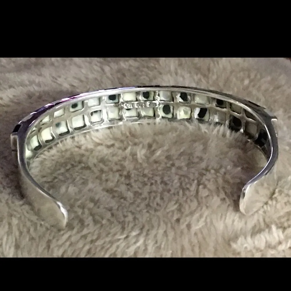 Vintage Onyx Mother of Pearl Sterling Silver Checkerboard Cuff Bracelet - Image 7