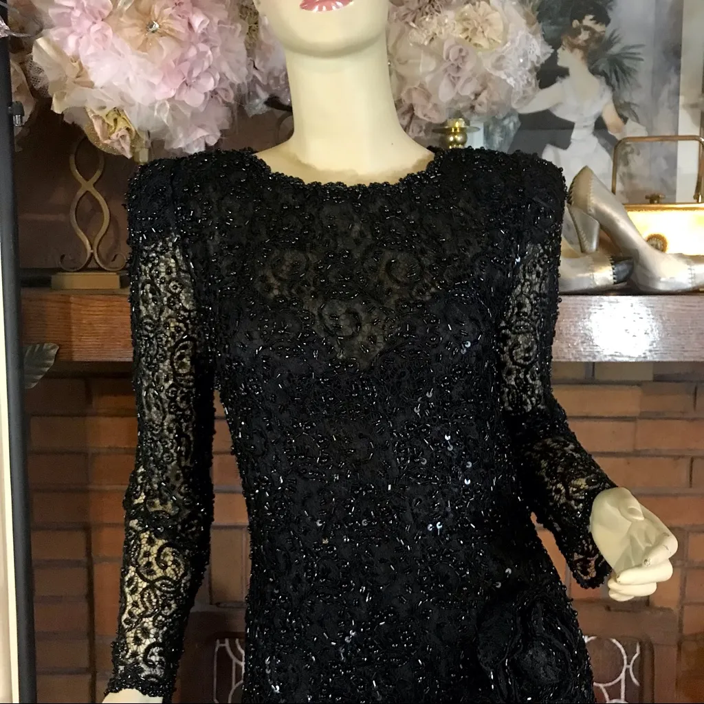 VINTAGE OLEG CASSINI BLACK SEQUIN SILK RUFFLED COCKTAIL DRESS (6) - Image 7