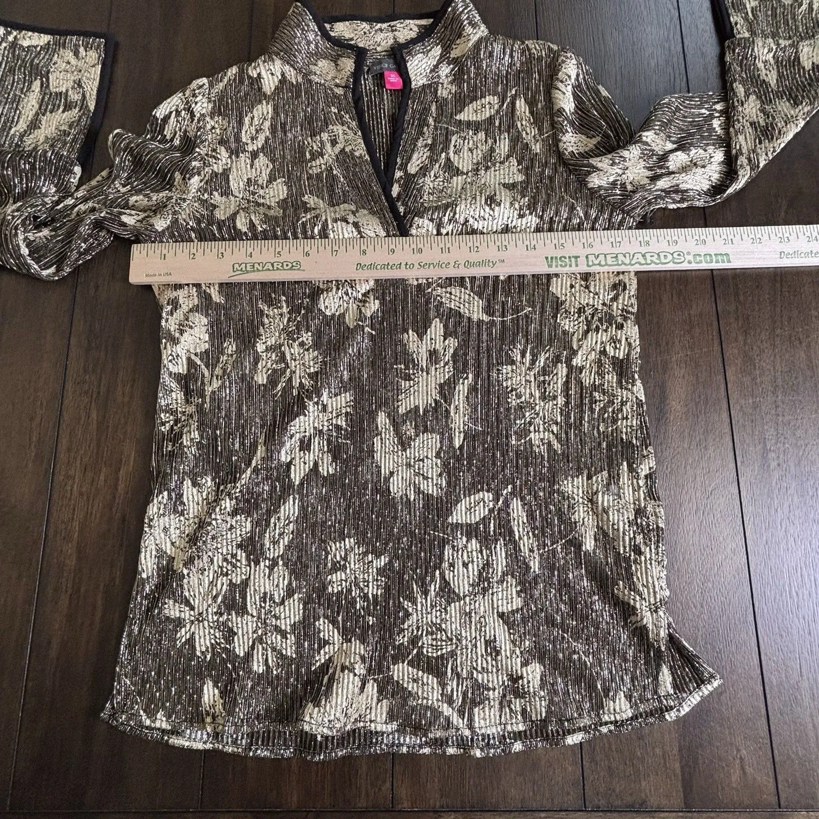 Vince Camuto Confetti Ready Metallic Sheer Black Gold Floral Blouse XS NWT $89 - Image 3