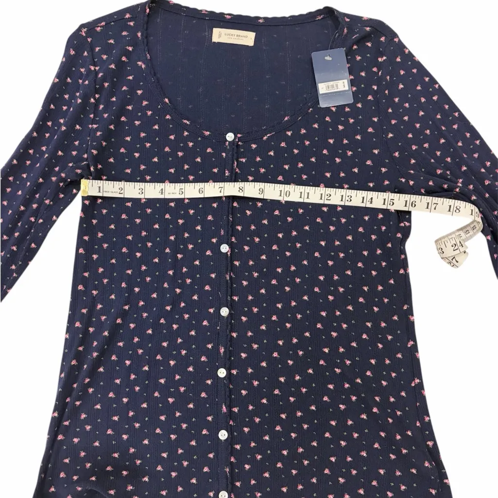 NWT Lucky Brand Dainty Rose Print Faux Button-Down Navy Shirt Large Twee Preppy - Image 5