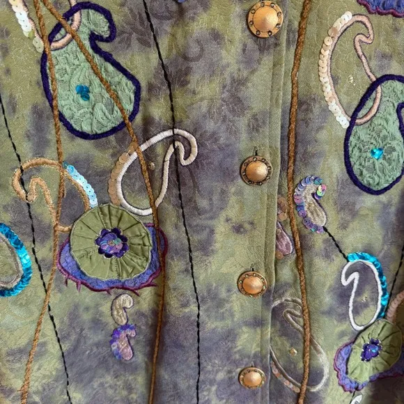 Indigo Moon Boho Embroidered Paisley Jacket M‎ Button Front Sequins Green Size M - Image 3