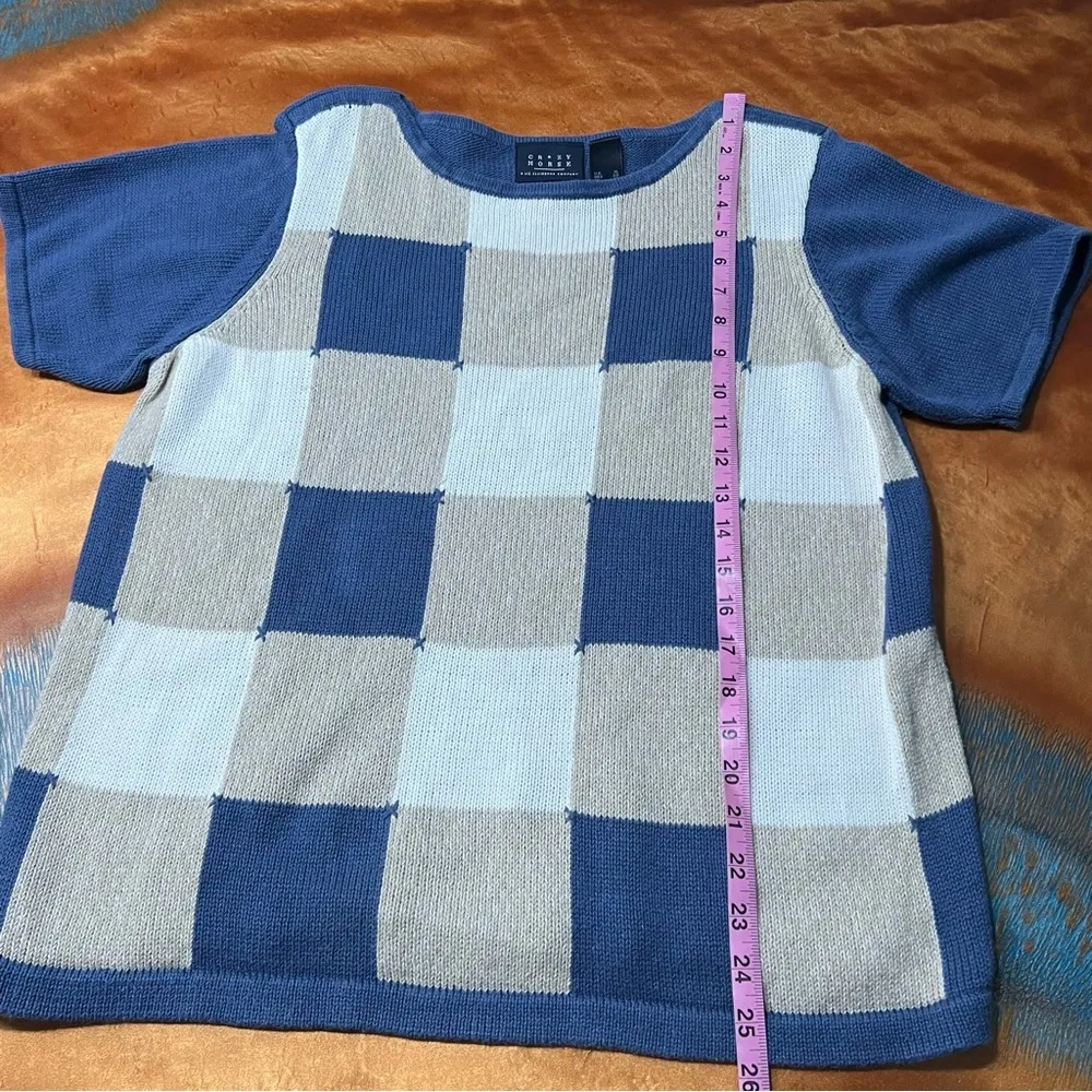 Crazy Horse Liz Claiborne Checkerboard knit crewneck sweater XL Blue white patch - Image 6