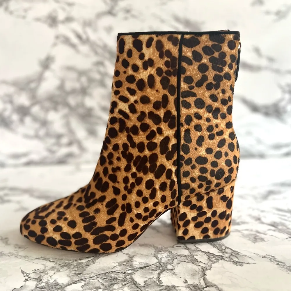 J. Crew Maya Booties Leopard Animal Print Calfhair Fur 7.5 Block Heel Almond Toe - Image 12