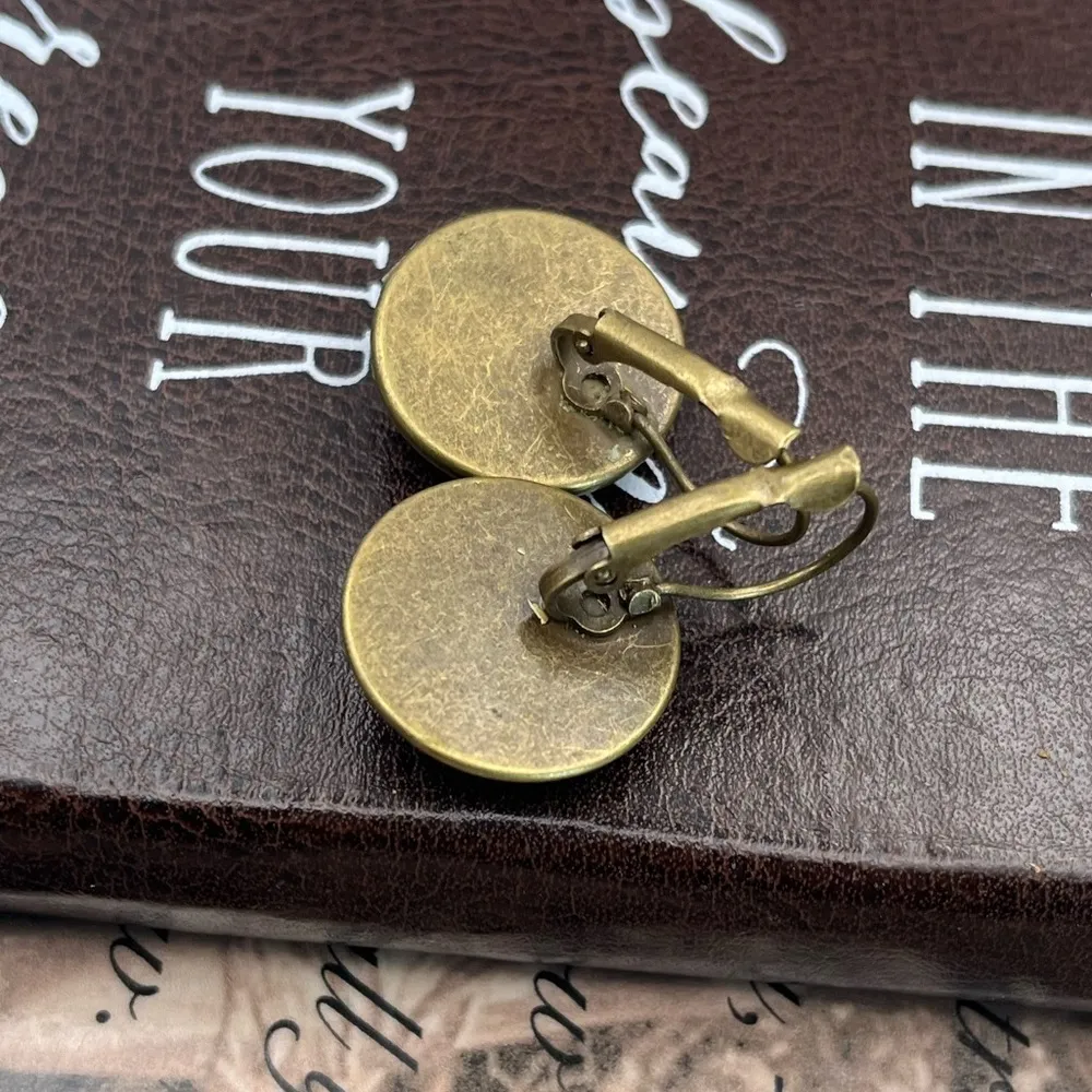 Blue Floral Glass Cabochon Brass Dangle Earrings - Image 7