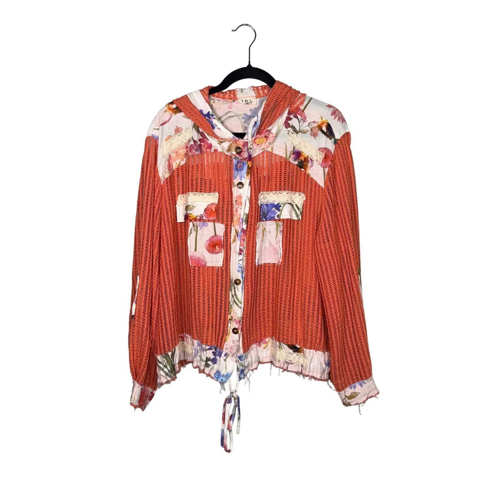 POL Floral Patchwork Crochet Hooded Jacket Orange White Boho Size L - Image 2