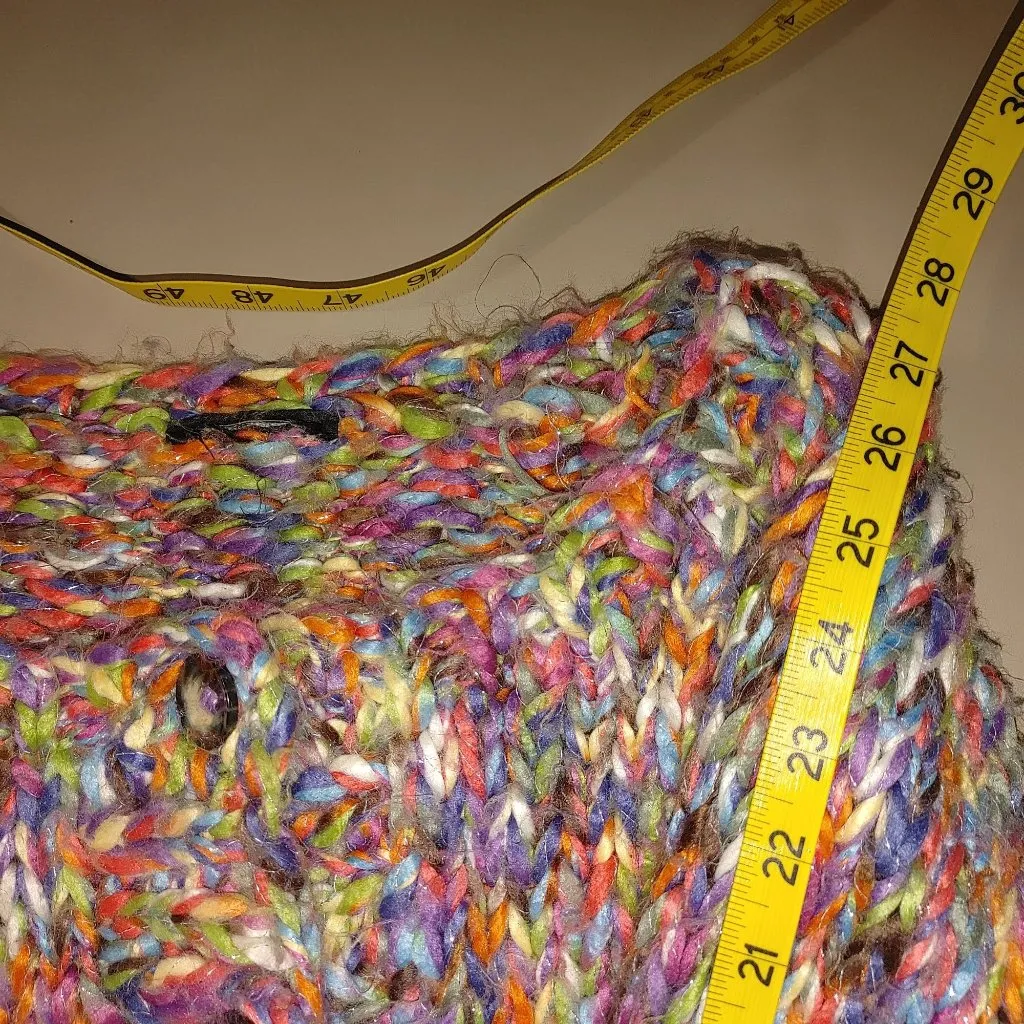 Cardigan Sweater XL Multicolor Oversize Cropped Chunky Knit Slouchy Large Button Blue - Image 5