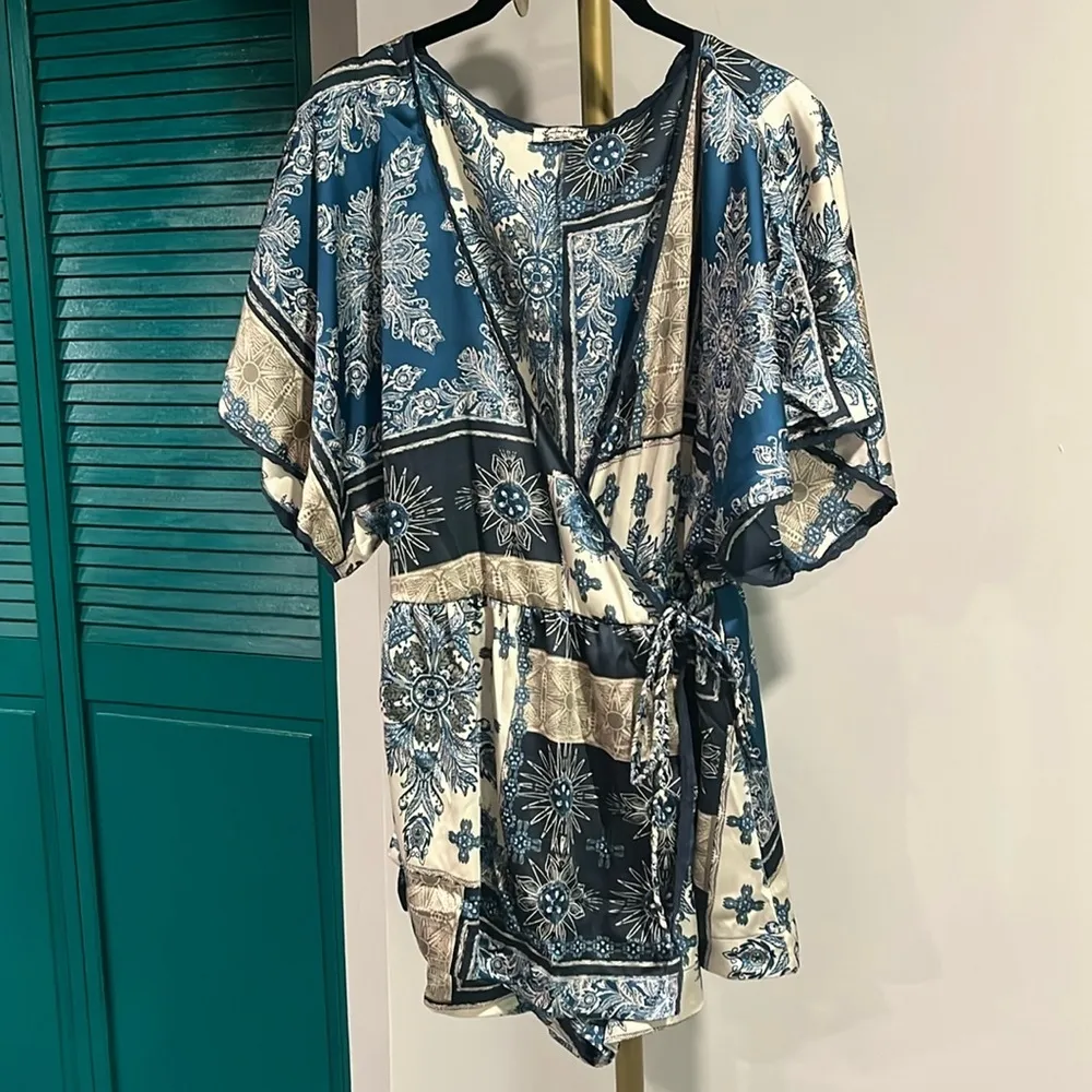Free People NWOT Oasis Satin Faux Wrap Pajama Romper - S - Image 9