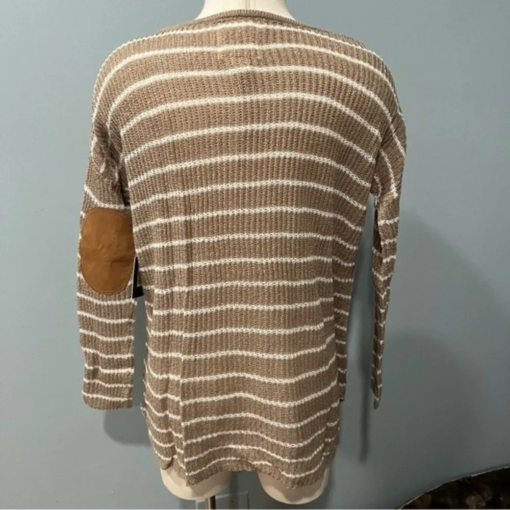 NWT Urban Heritage Tan & White Stripes Pullover Sweater with Suede Elbow Pads Sm - Image 3