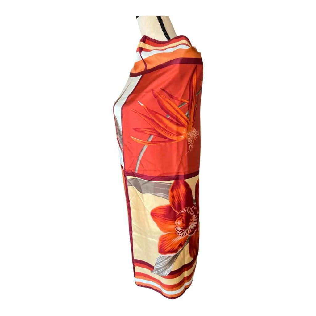TEO Grimaldi Milano Floral Squared Patterned 100% Silk Twill Scarf Size XL Orange - Image 7