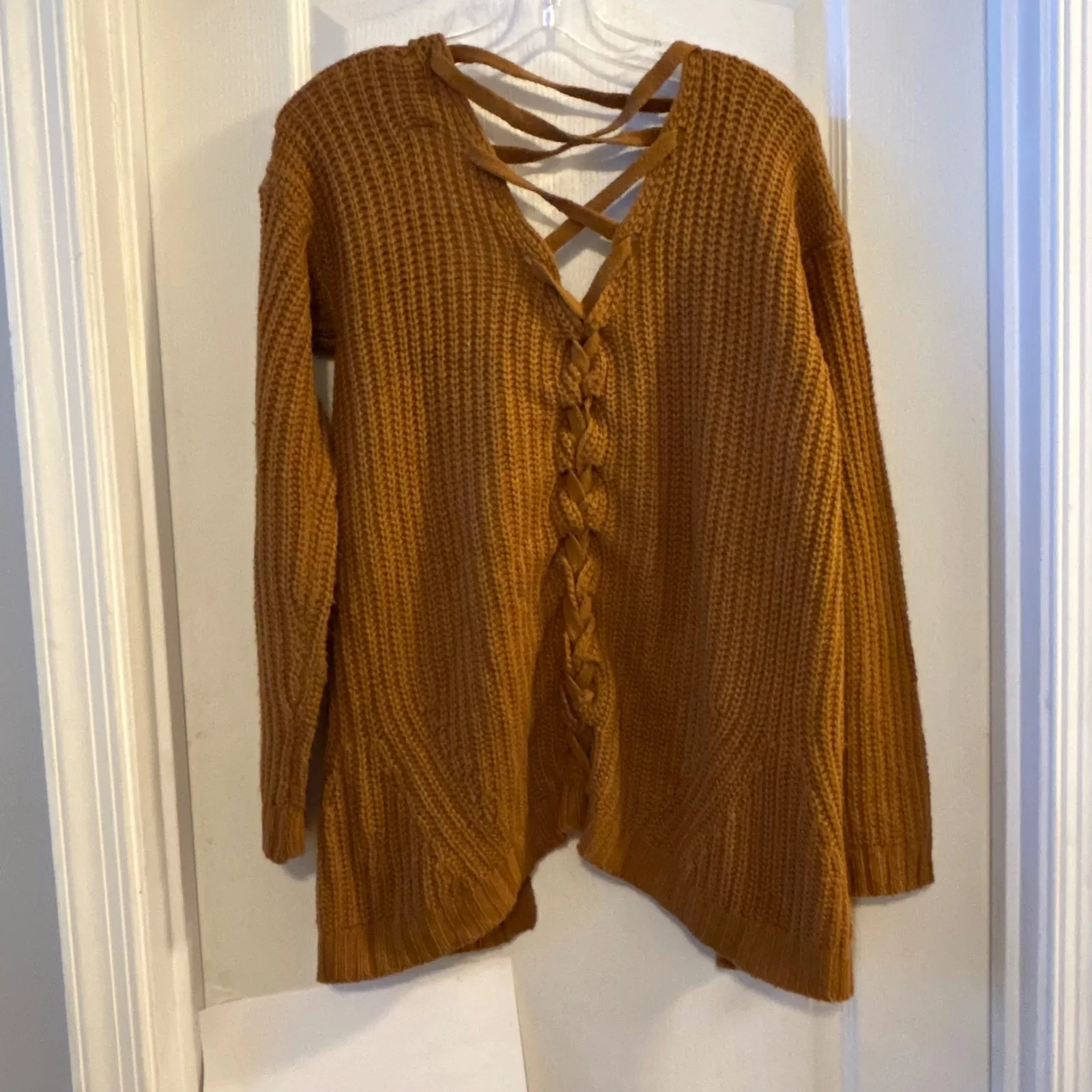 Pink Rose Women's Mustard Yellow Cable Knit Lace Up Back Cardigan Sweater Medium - Image 2