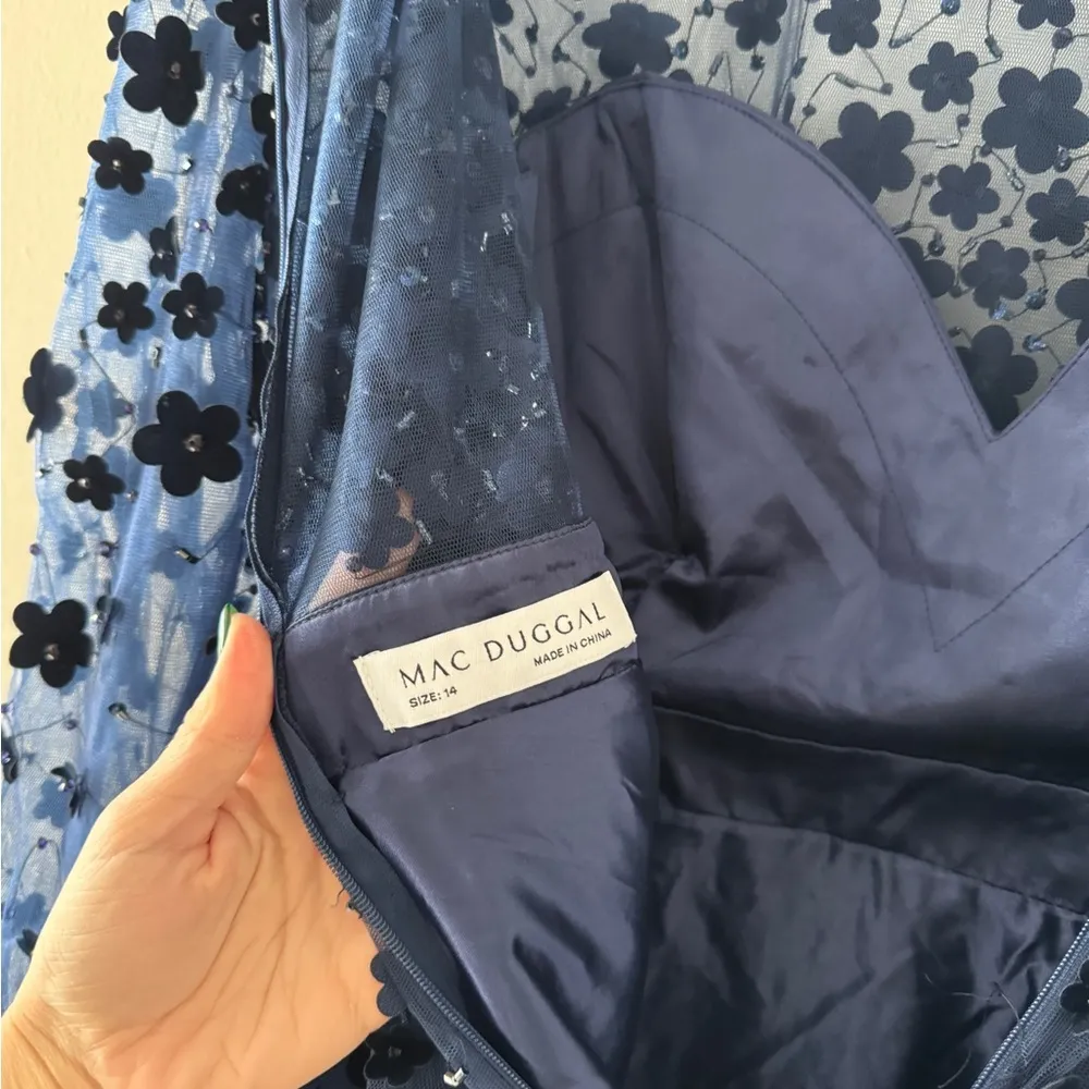 MAC DUGGAL Blue Embellished Illusion High Neck Long Sleeve Fit & Flare Dress 14 - Image 9