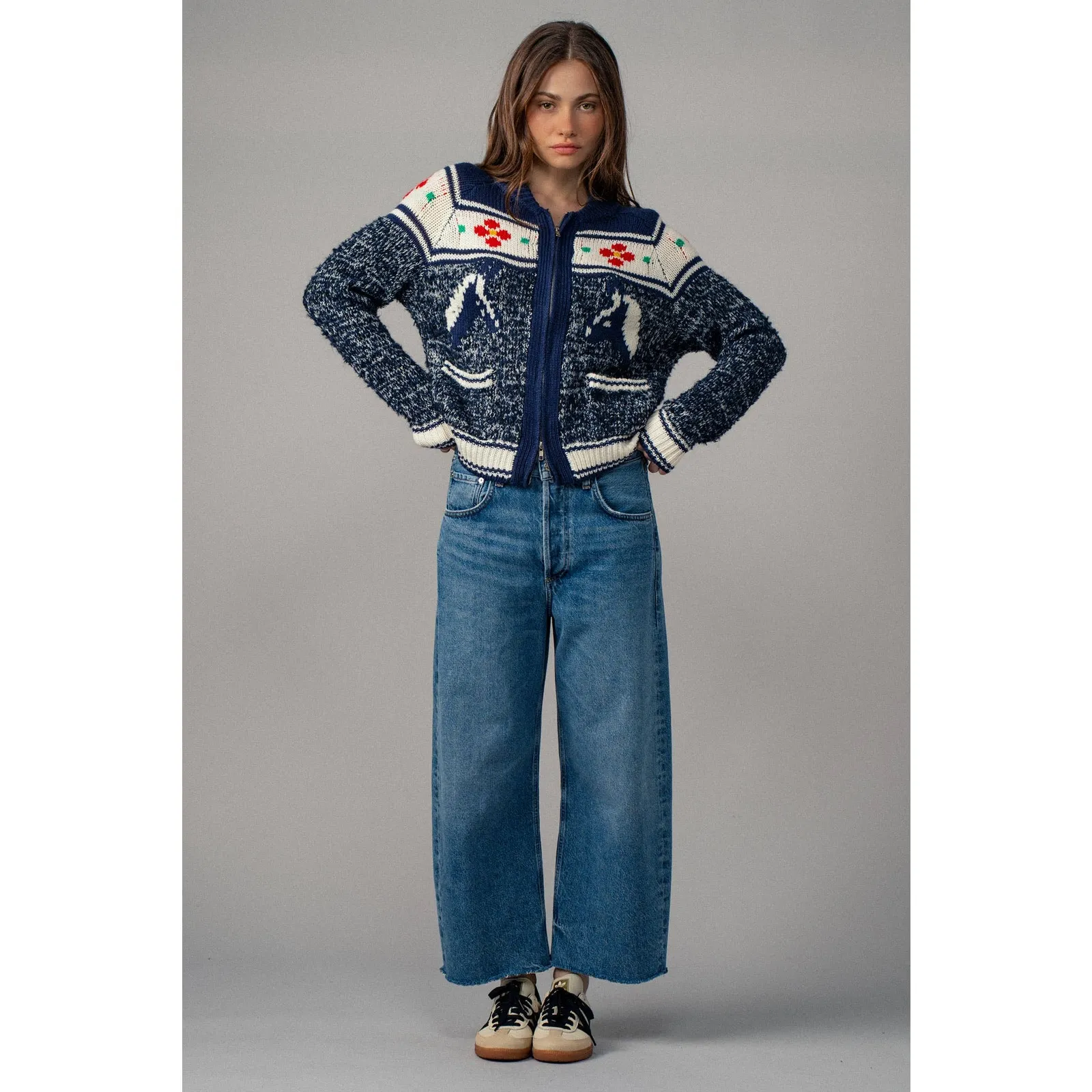 Urban Daizy Floral Yoke Zip-Up Knit Cardigan - Image 6