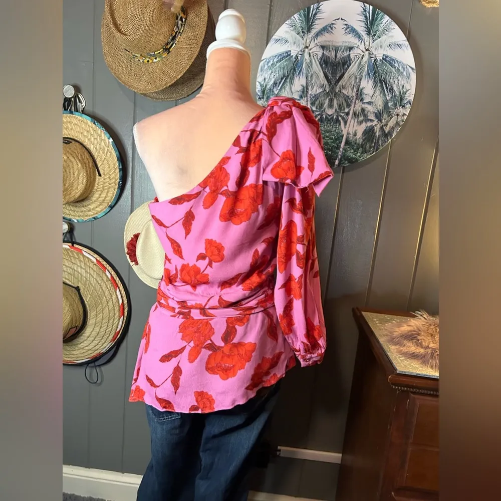Karlie Pink Hibiscus One Shoulder Blouse Large - Image 5