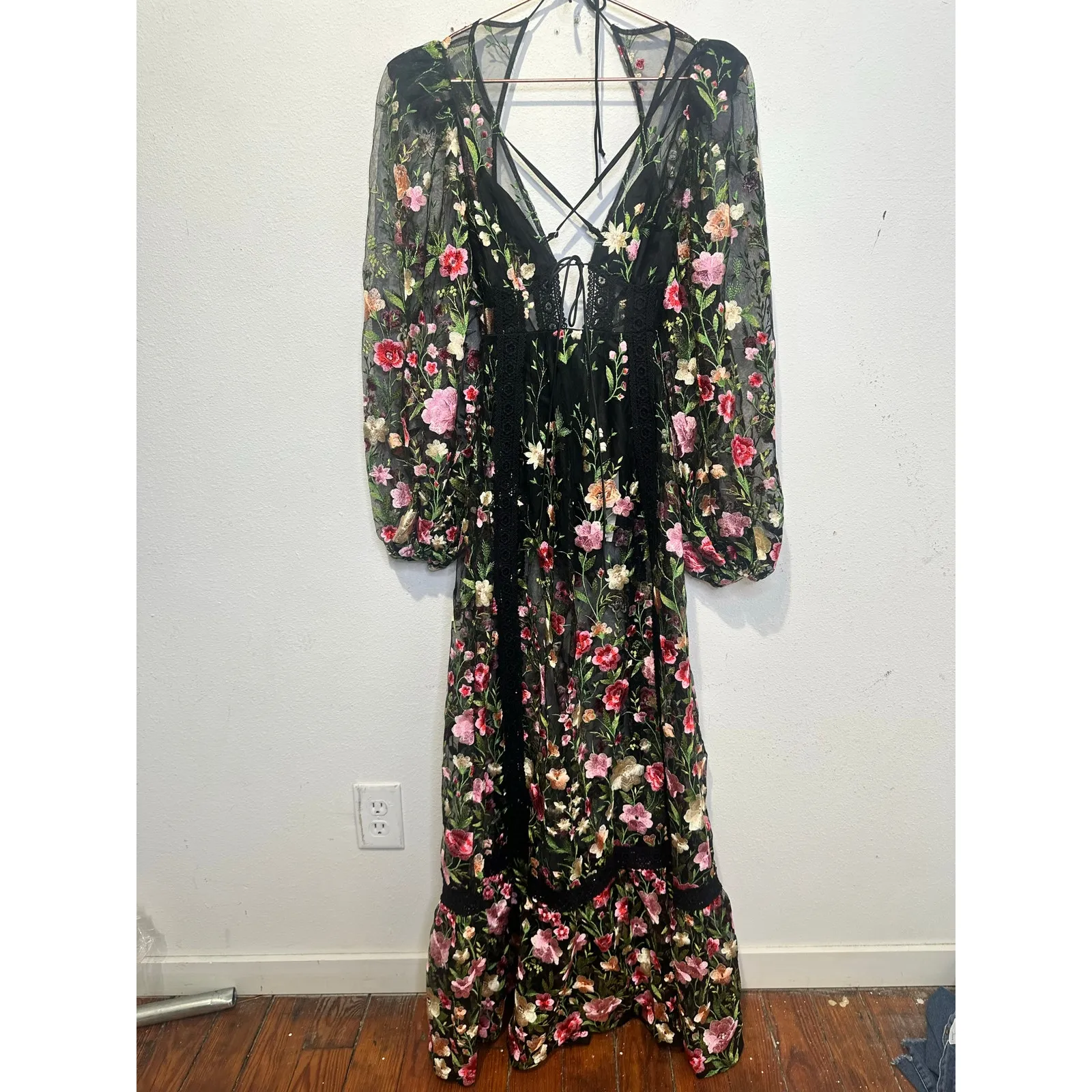 FOR LOVE AND LEMONS Black Pink Luna Embroidered Floral Mesh Maxi Dress sz XXS - Image 5