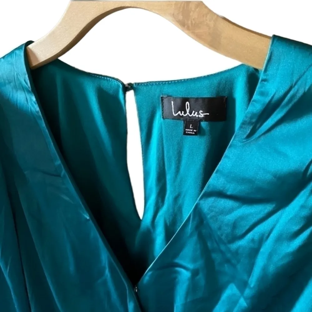 Lulus Jaw-Dropping Beauty Teal Blue Satin Smocked Bodycon Mini Dress Size L - Image 4