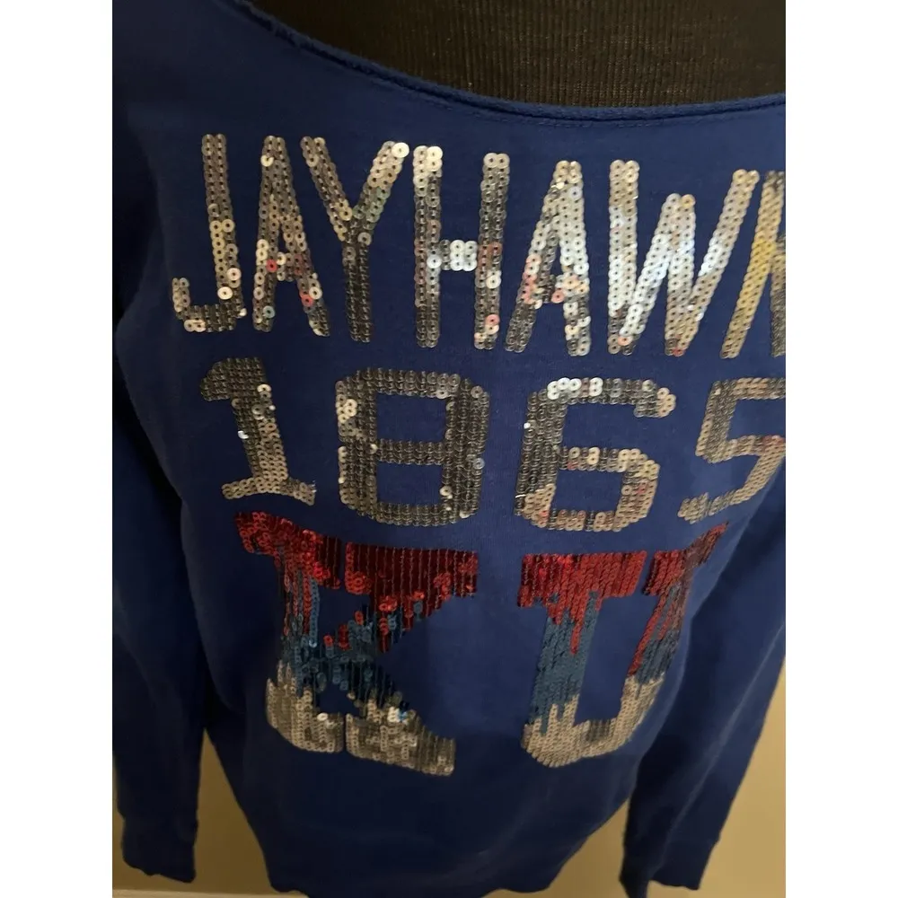 E5 College Classics KU University Of Kansas Jayhawks Sequin Sweatshirt Large Blue - Image 2