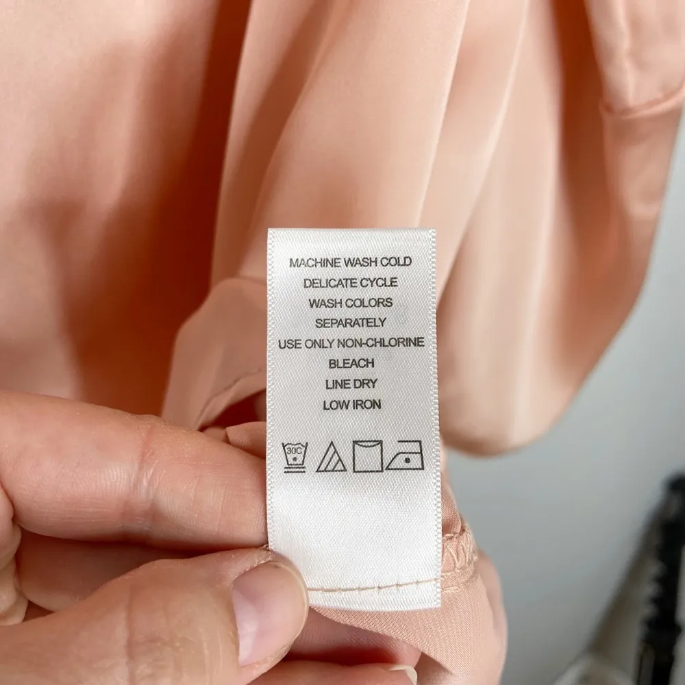 NWOT Ellos Peach Satin Notch Keyhole Neck Bell Tulip Sleeve Blouse Size 14 - Image 10