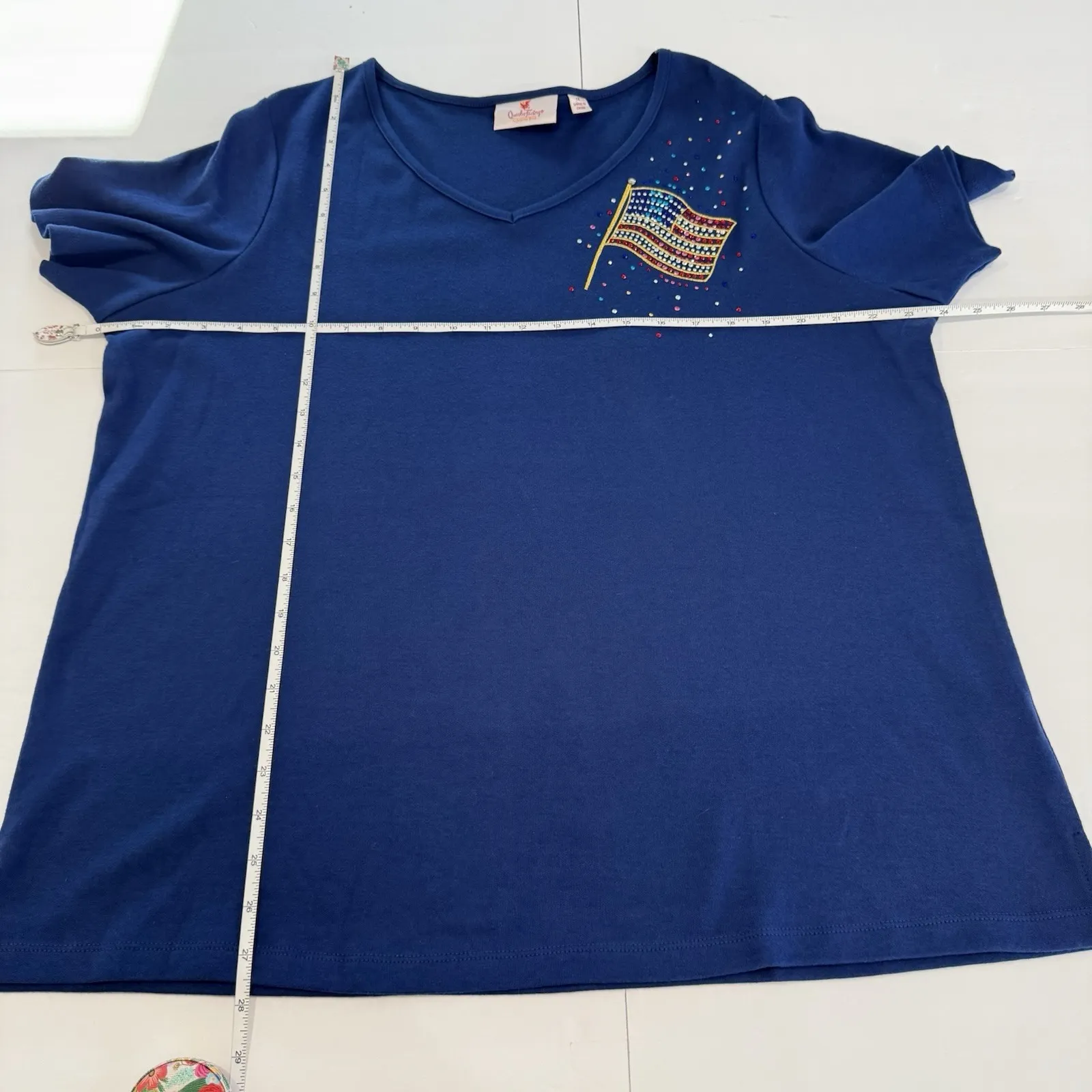 Quacker Factory Blue American Flag Rhinestone Short Sleeve Top Size 1X - Image 8