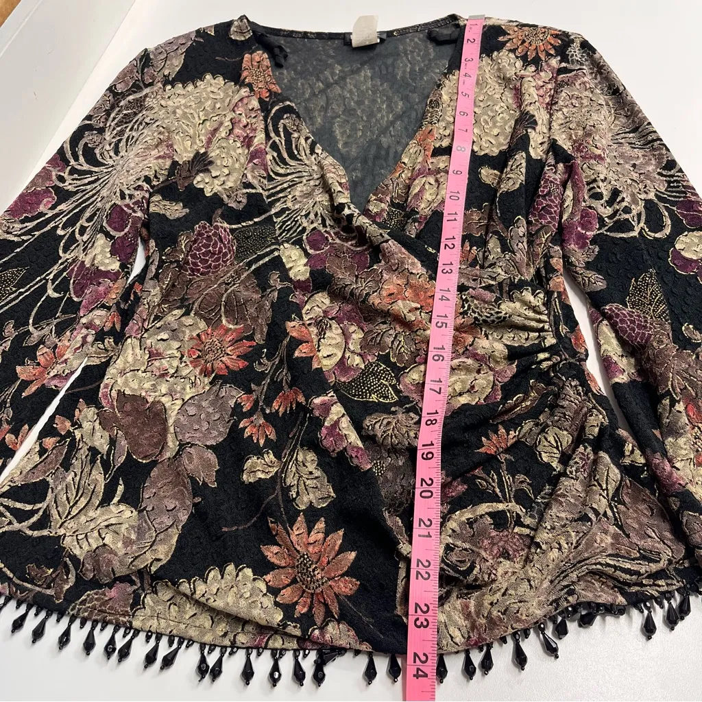 Vintage Y2K MSK Women's Black Floral top beading shoulder pads ruched v neck Size M - Image 10