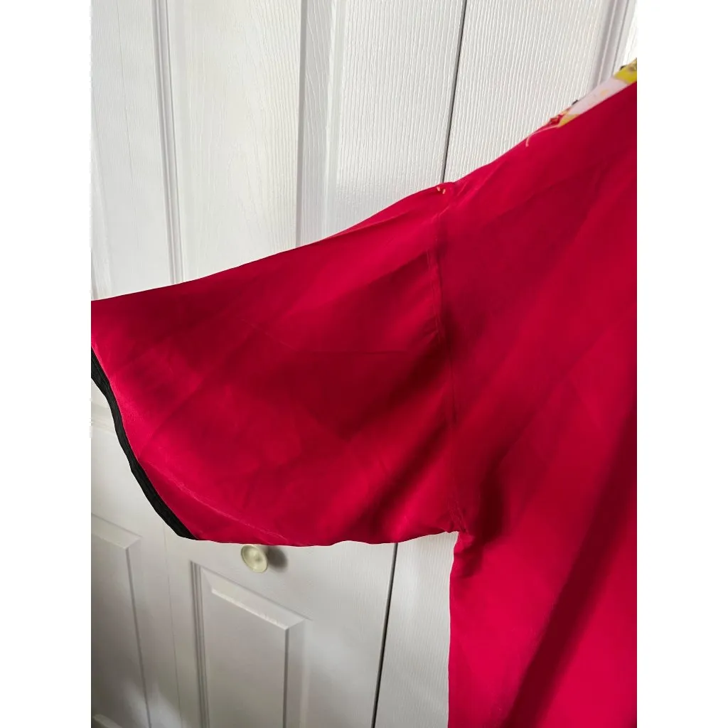 Diane Gilman Red Floral Kimono Jacket 100% Silk Lightweight Open Front Womens L - Image 5