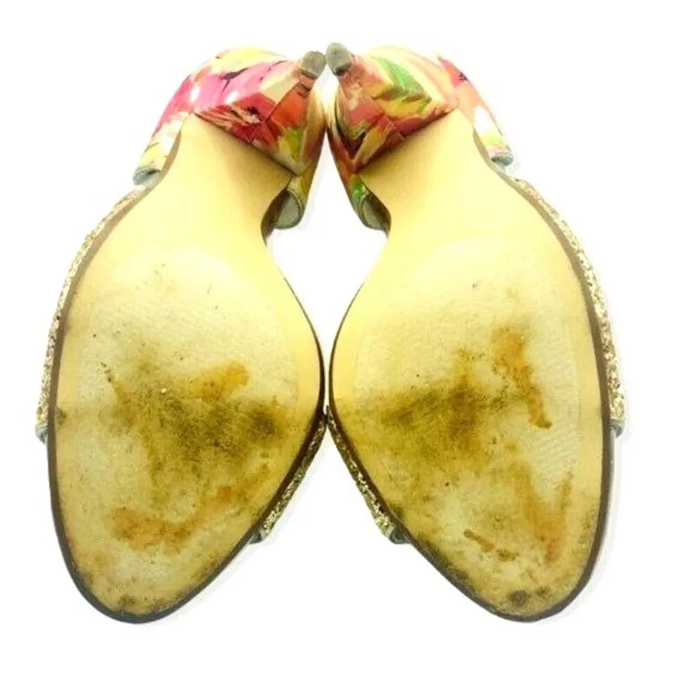 Steve Madden Delacaci D'Orsay Shoes Open Toe Cone Heels 8 Gold Glitter Floral - Image 7
