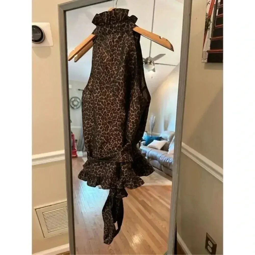 Isadora Leopard Animal Print Sleeveless Wrap Blouse LP Women’s Brown Black Ruffl Size undefined - Image 4