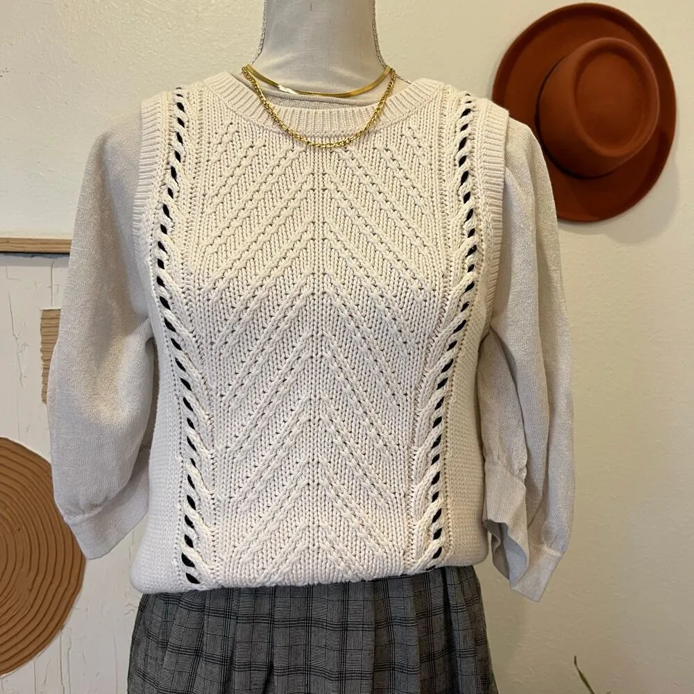 LOFT White Chunky Cotton Knit Woven Stitch Pullover Sweater Vest - M - Image 11