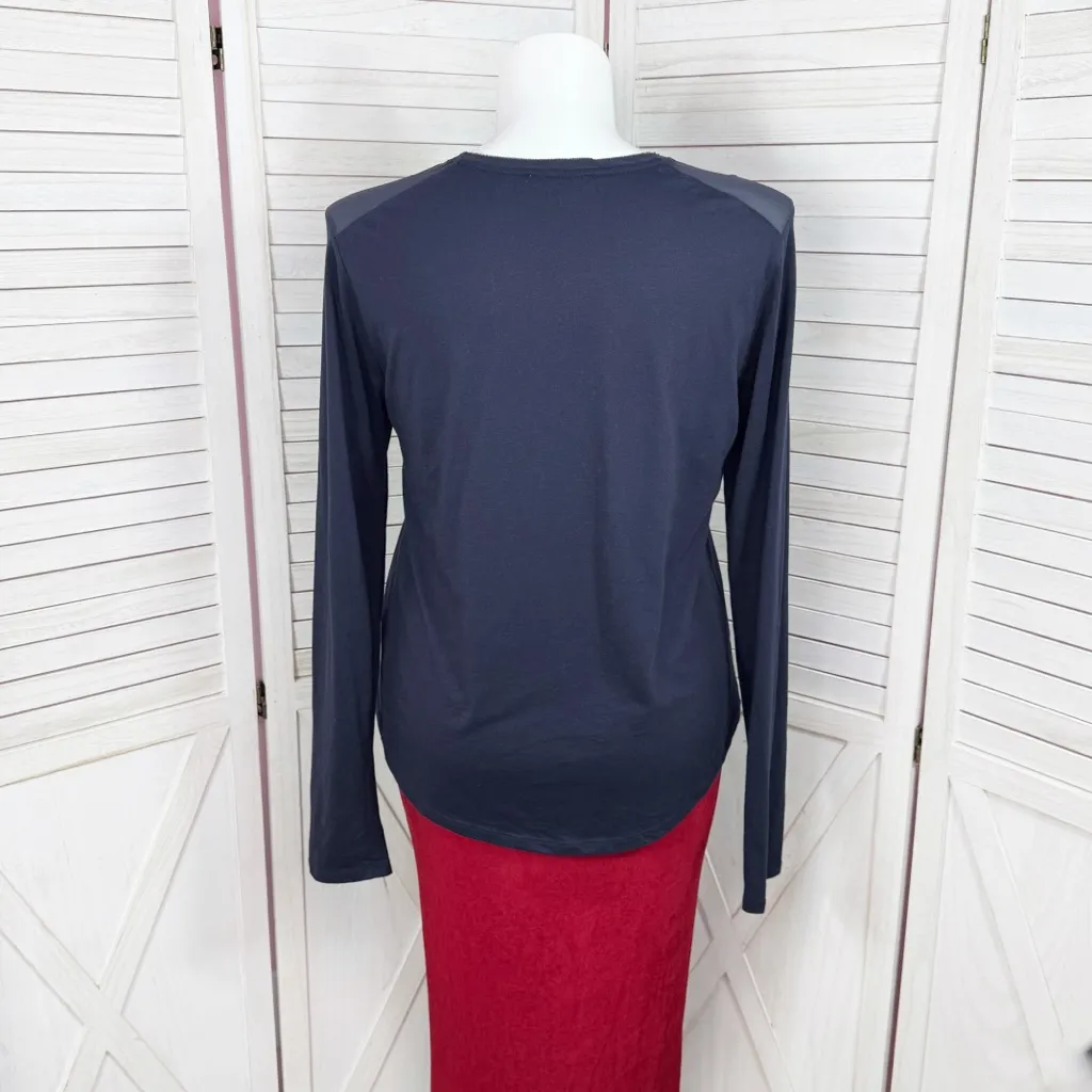 Vince Sheer Silk Shoulder Scoop Neck Long Sleeve Shirt Navy Blue XL - Image 4