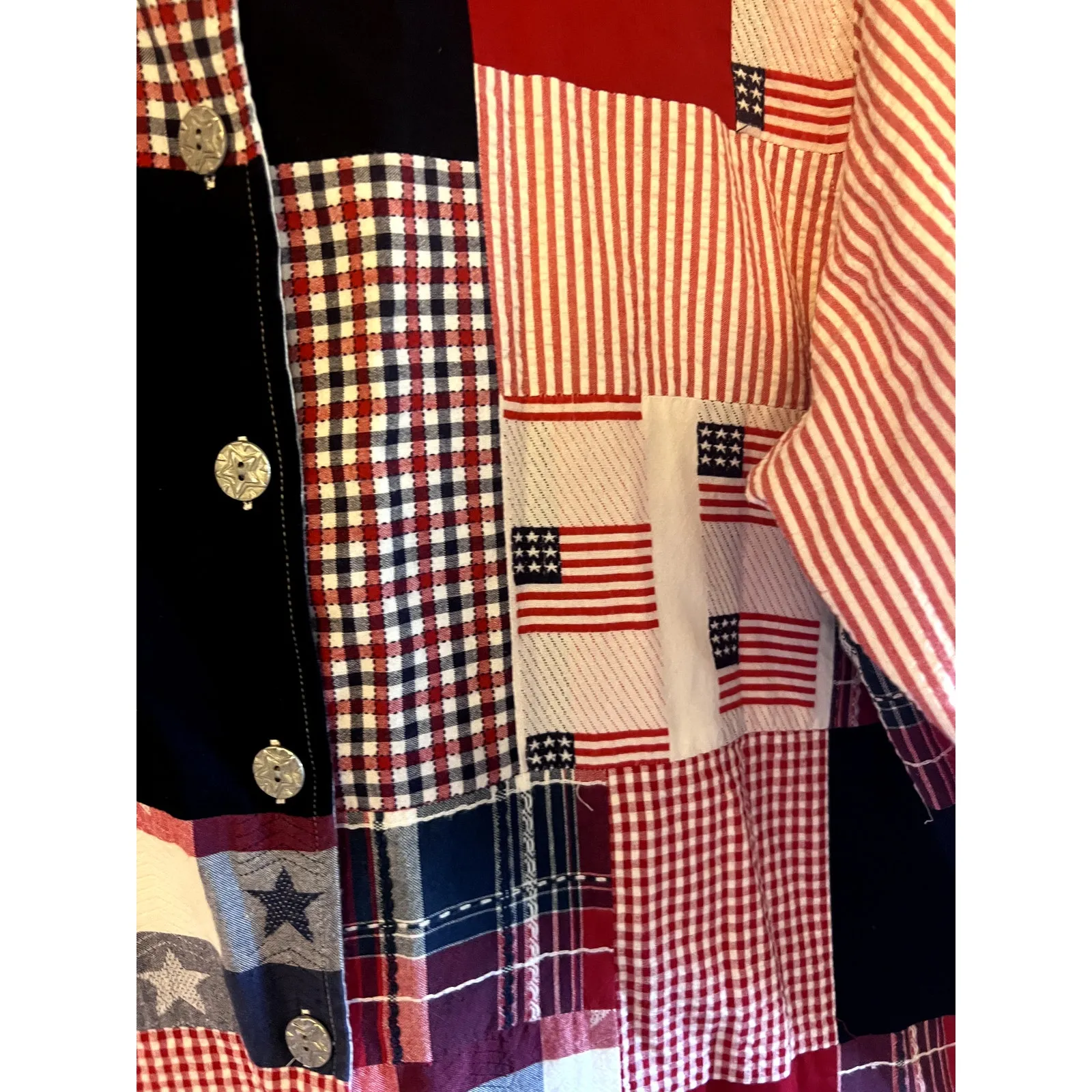Vintage Patchwork American Flag Patriot 4th July Blouse Plus 1X Long Sleeve Red Size XL - Image 2
