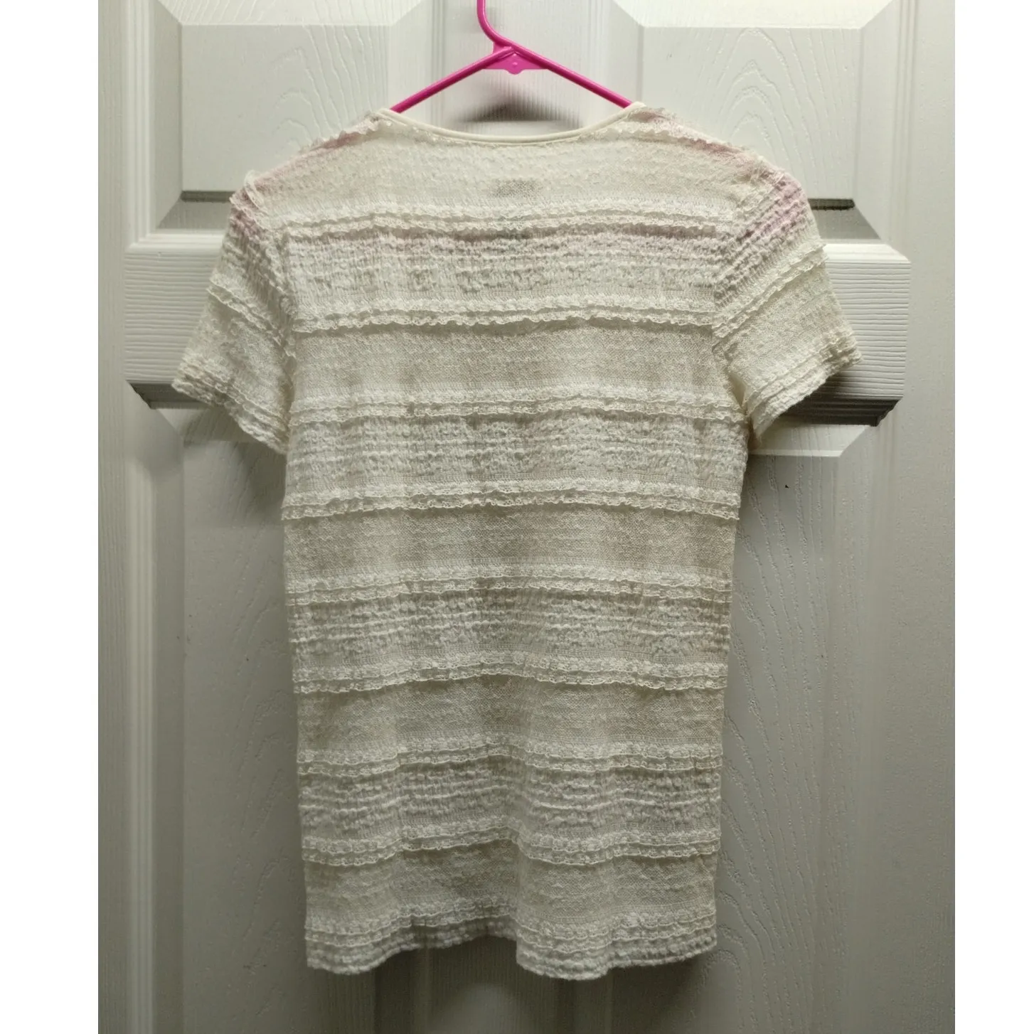 Chico's Women's Size Small (0) Cream Lace Overlay Ruffle Textured Lined Top - Image 3