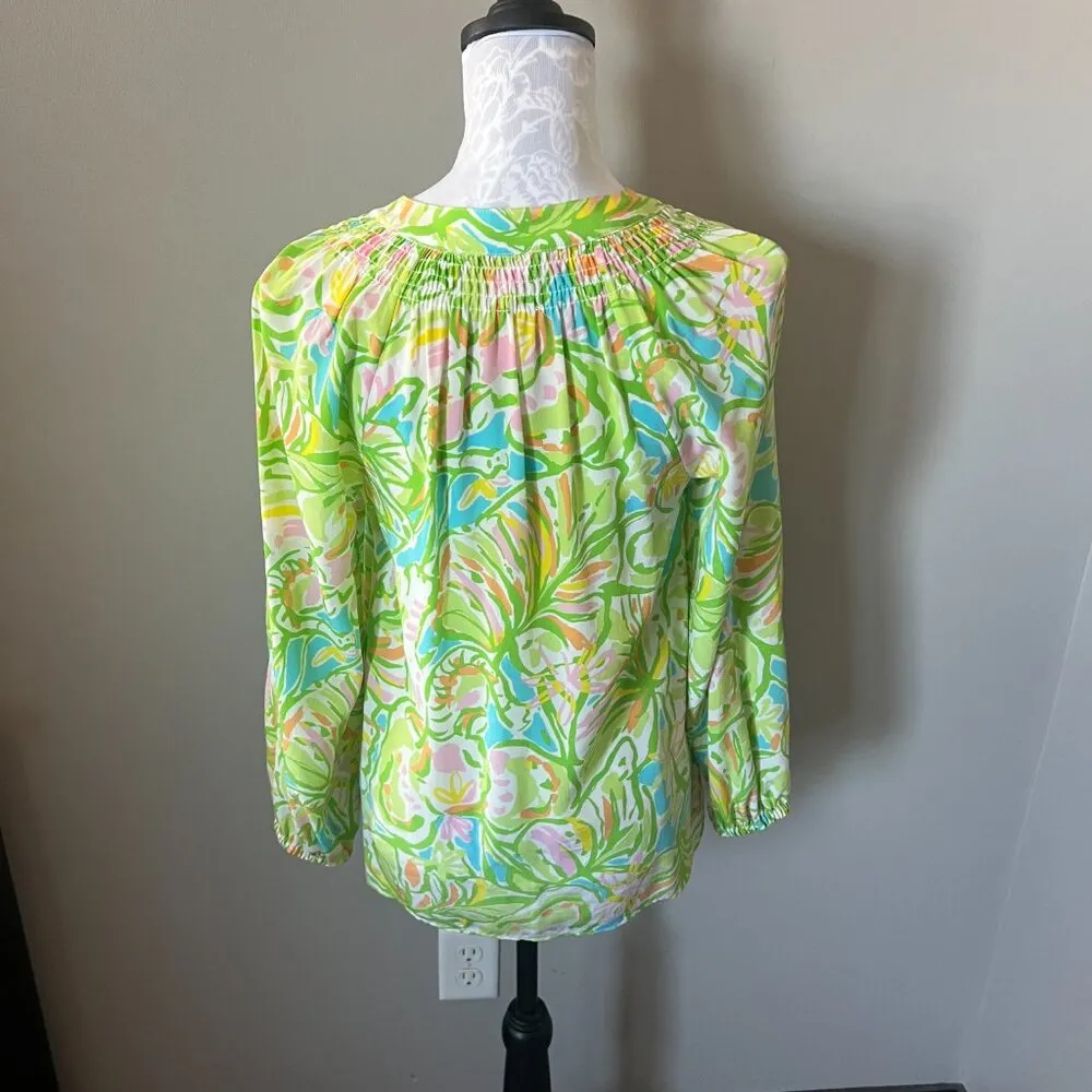 Lilly Pulitzer Elsa Top Blouse Silk Long Sleeve Elephant Ears Print Womens XS - Image 6