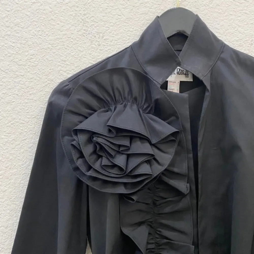 JOSEPH RIBKOFF Style 12714 Black Belted Dress Coat with Big Flower Accent Size 2 - Image 11