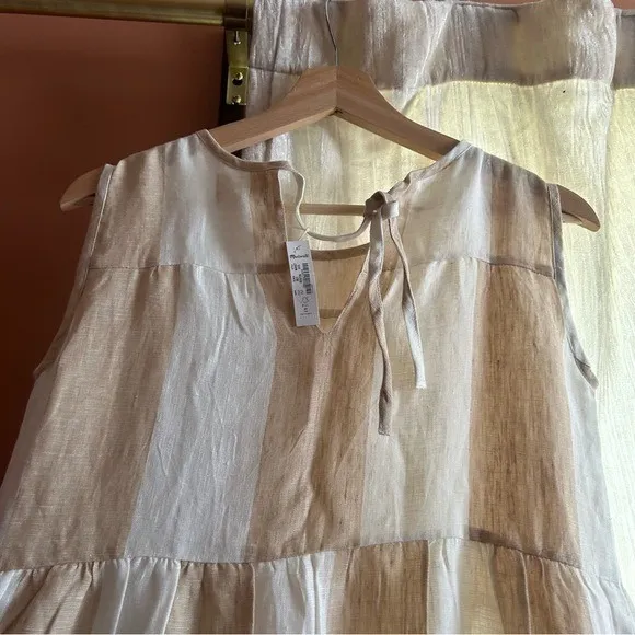 Laude the Label x Madewell Linen Tiered Maxi‎ Dress Coastal Boho Striped NWT XXS Tan - Image 6