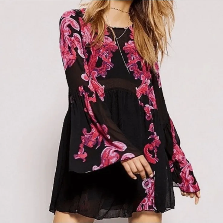 Free People intimately‎ Symphony Black M Bell Sleeve Tunic Semi Sheer Dress Boho - Image 6