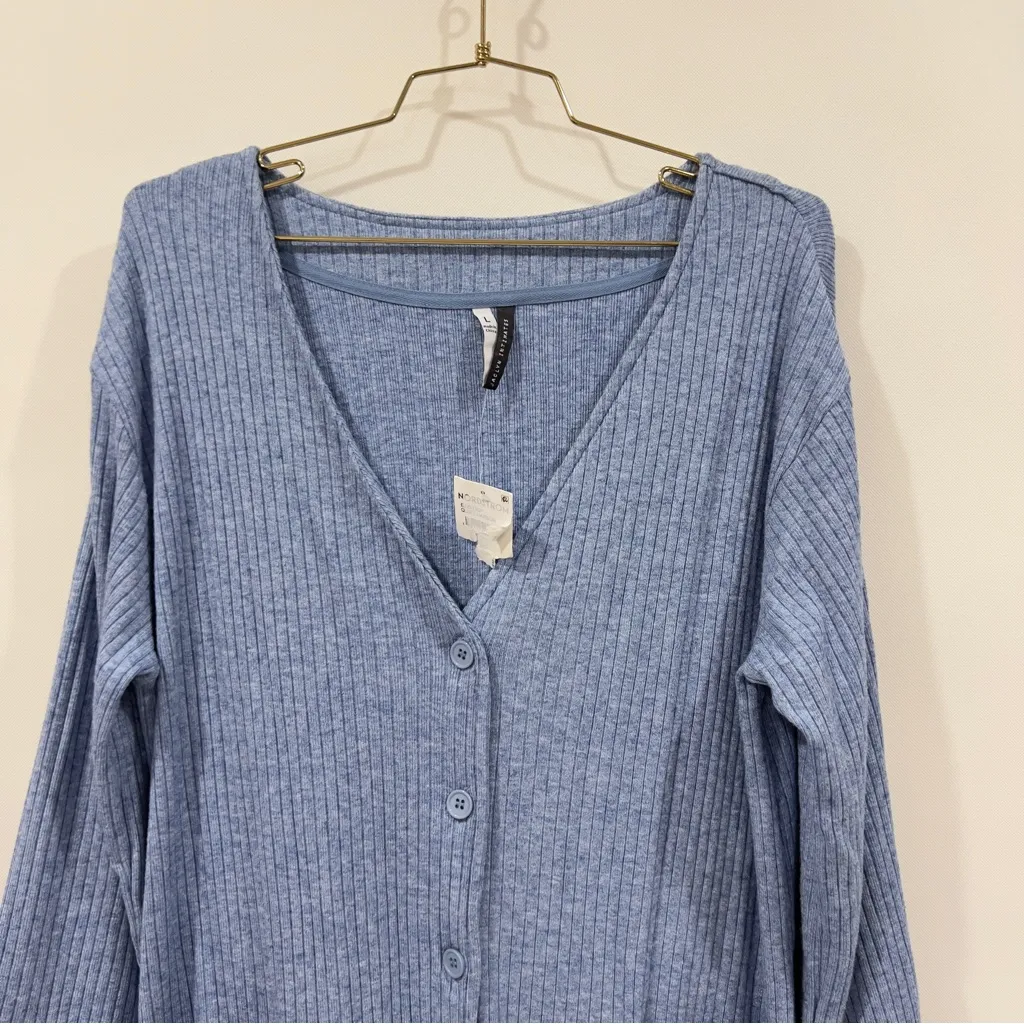 Jaclyn Intimates Ribbed Cardigan Sweater Size Large Heathered Blue Front Pockets - Image 5