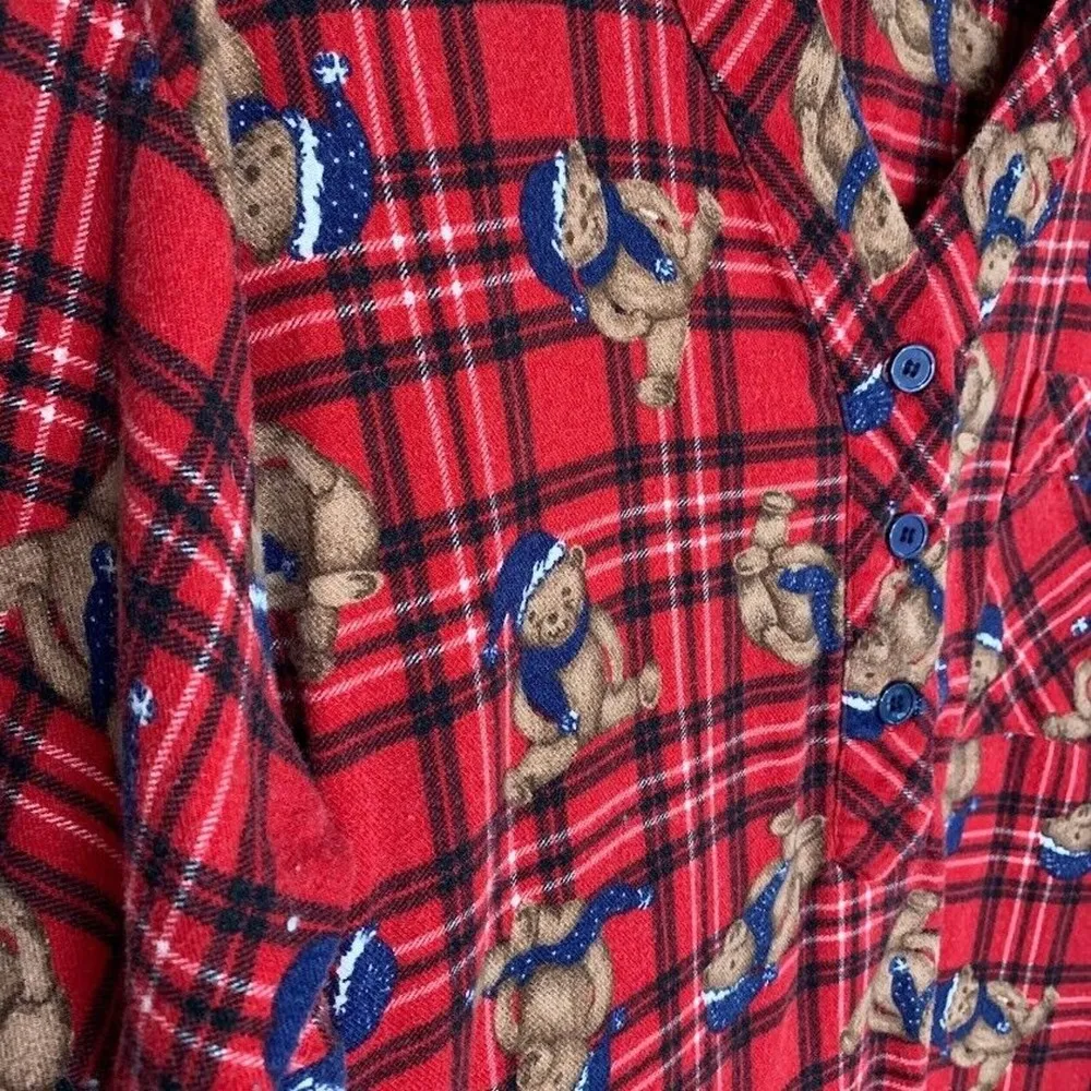 Vintage CHANCE ENCOUNTERS Teddy Bear Nightgown Long Red Plaid Flannel Womens M Size M - Image 2