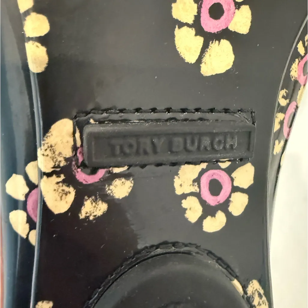 TORY BURCH Minnie Travel Logo Ballet Flats Black Pink Stamped Floral Size 6 - Image 11