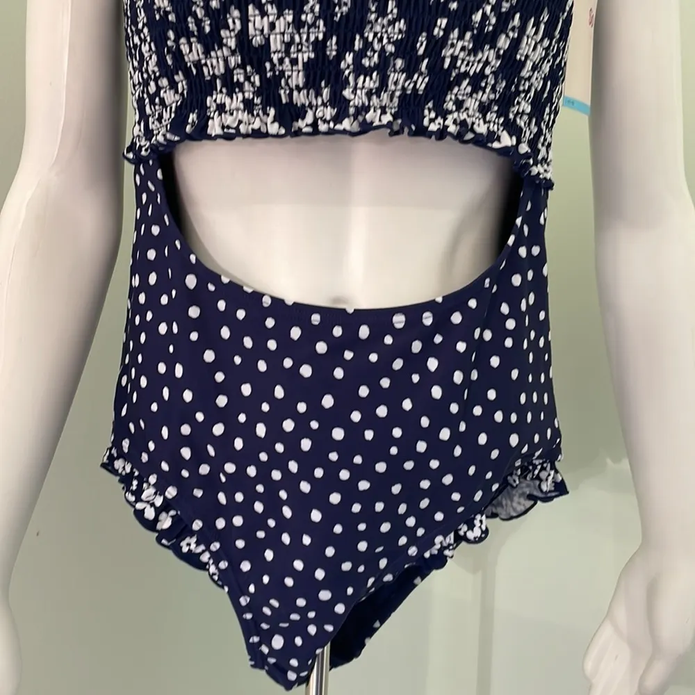 Retro Smocked one piece cut out swimsuit navy and white juniors Large 11-13 - Image 2