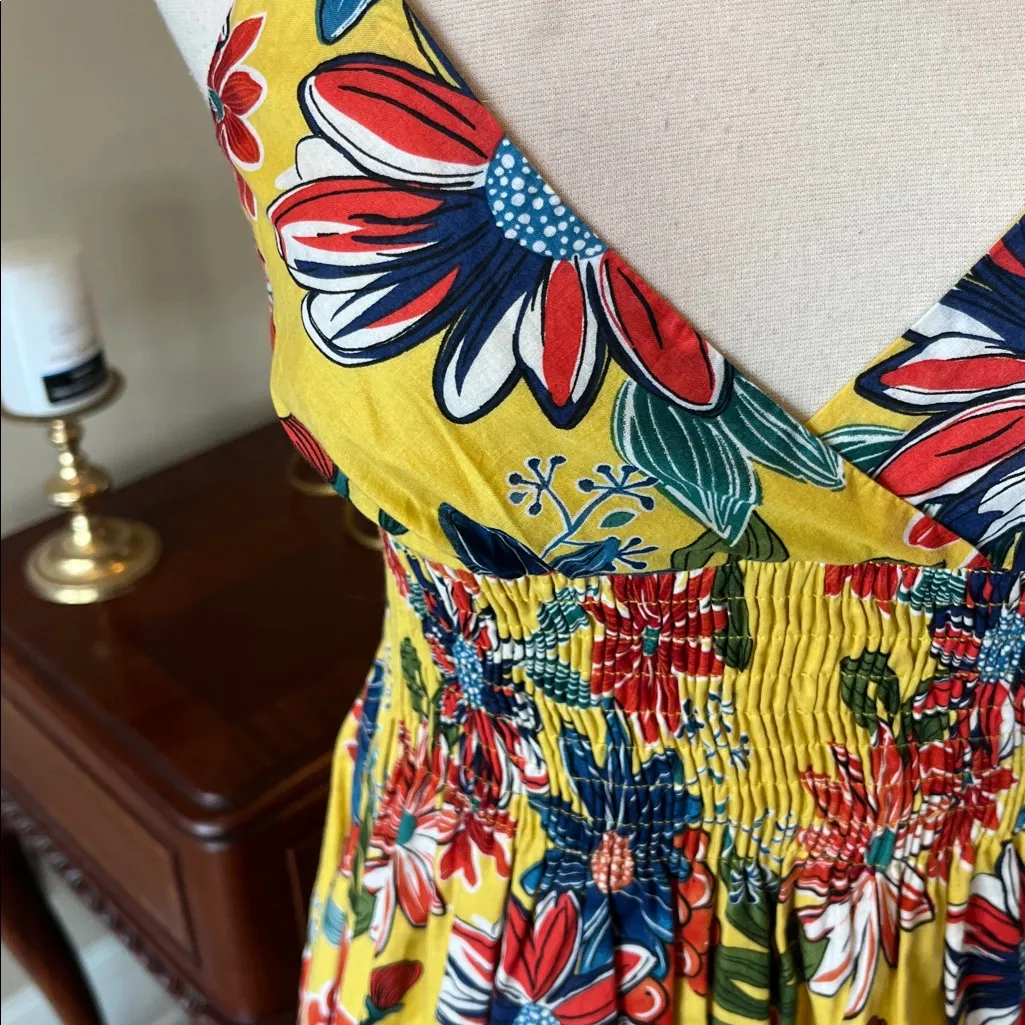Spaghetti Strap Fit and Flare Honeycomb Yellow Floral Sundress New - Image 2