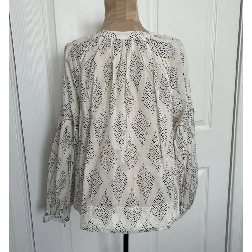 Madewell Shirred Crewneck Balloon Sleeve Button Down Top Cream w/Black Dots Sz L - Image 6