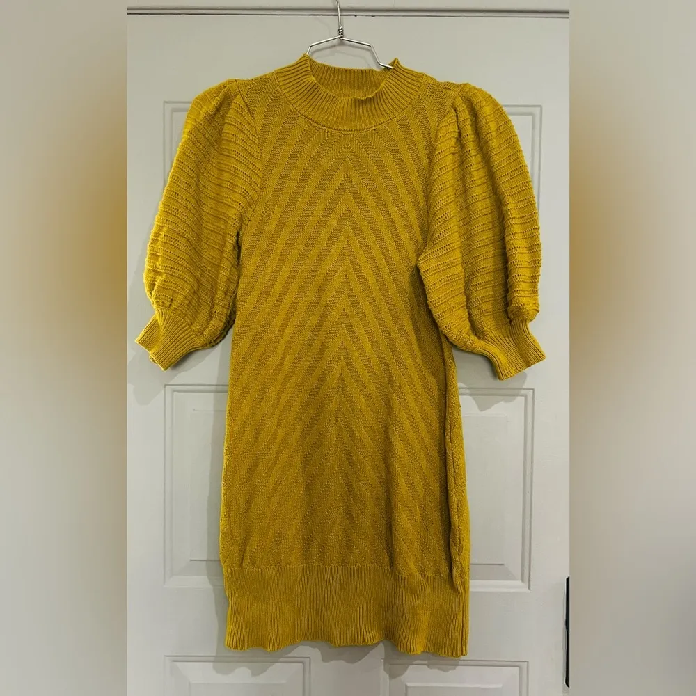 HAPPY NATURE BRAND MUSTARD PUFF SLEEVE SWEATER DRESS SIZE SMALL - Image 2