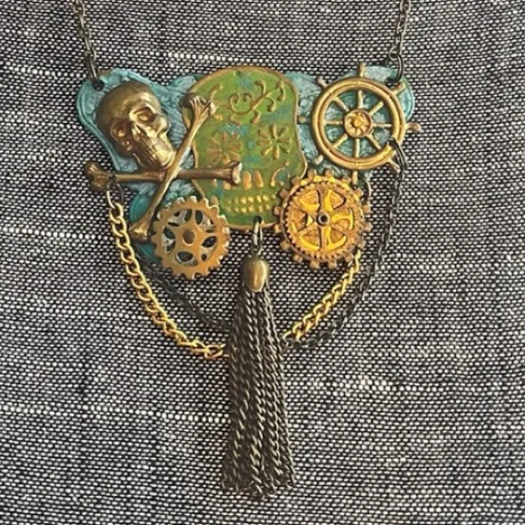 Steampunk Gear Skull & Crossbones Chain Necklace with Tassel Gold - Image 2