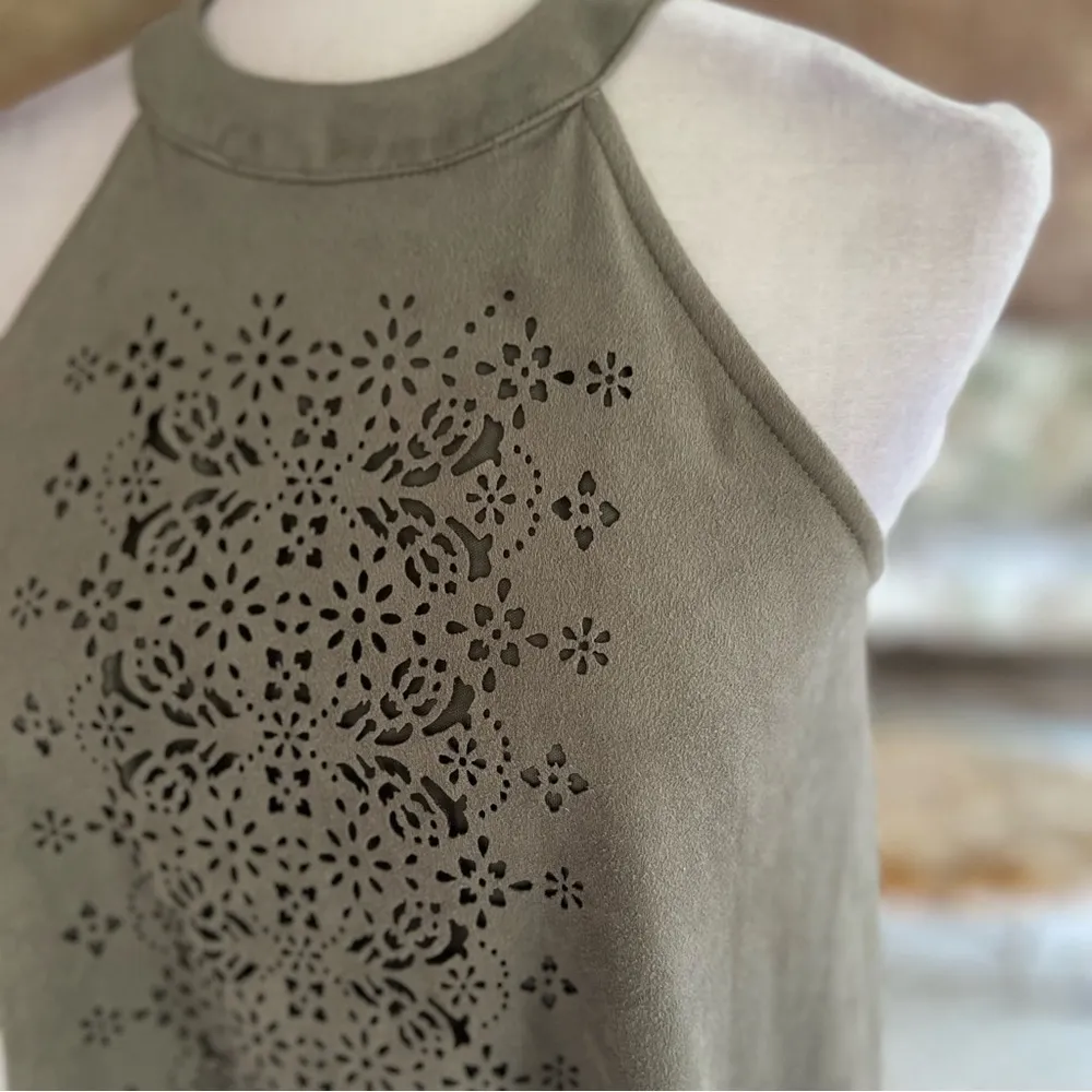 Skylar & Jade Tank TopOlive Green Faux Suede Lasercut High Neck S Festival Chic - Image 3