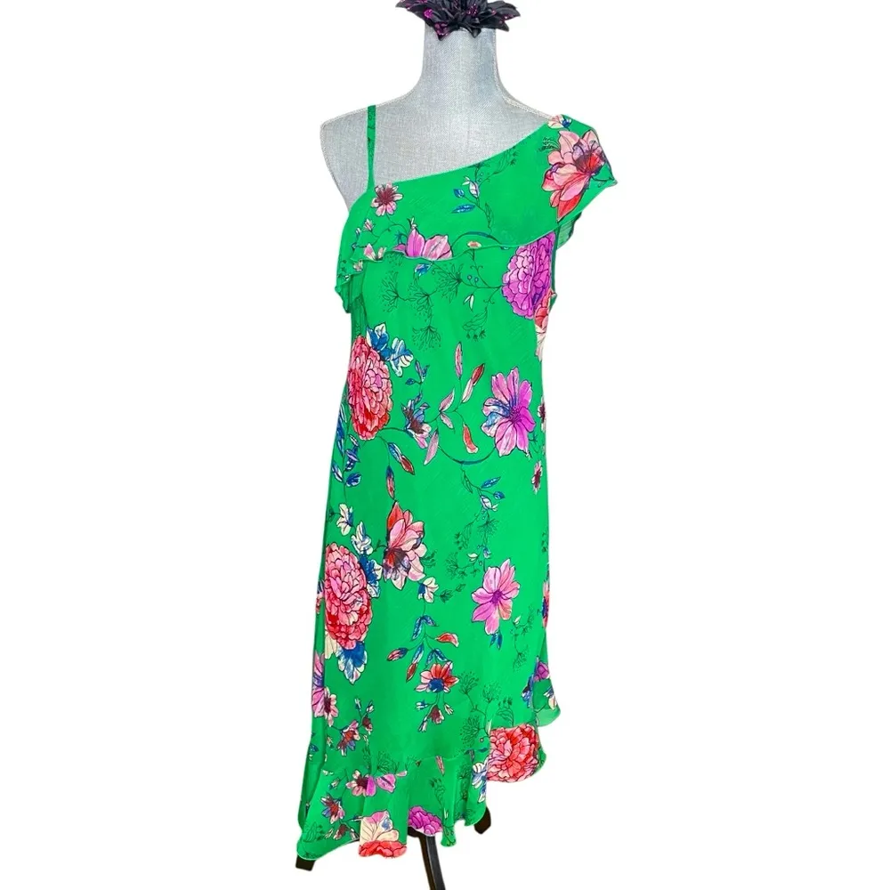 Roz & Ali Green One Shoulder Dress Sz 14 Asymmetrical Floral Spring Wedding - Image 2