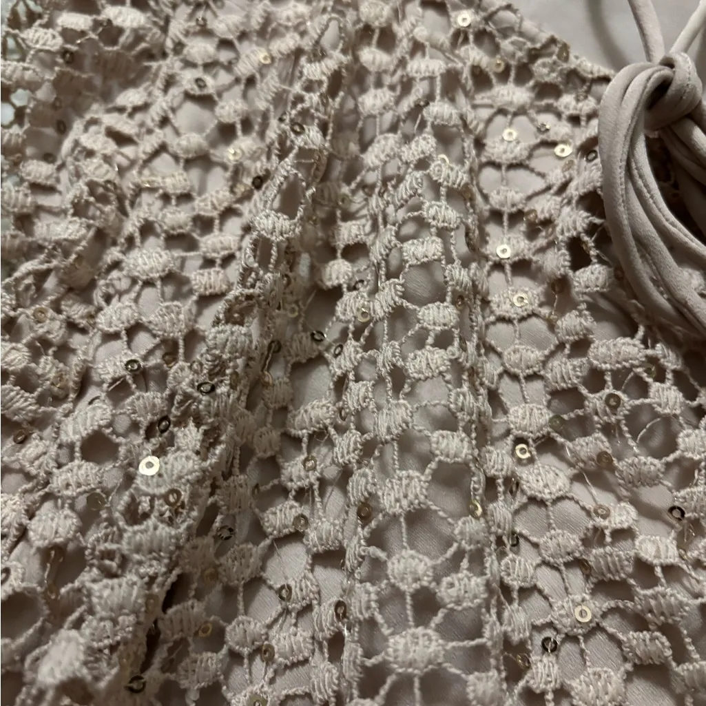 Free People Kaya Sequin Lace Mini Long Sleeve Dress in Beige Size S - Image 8