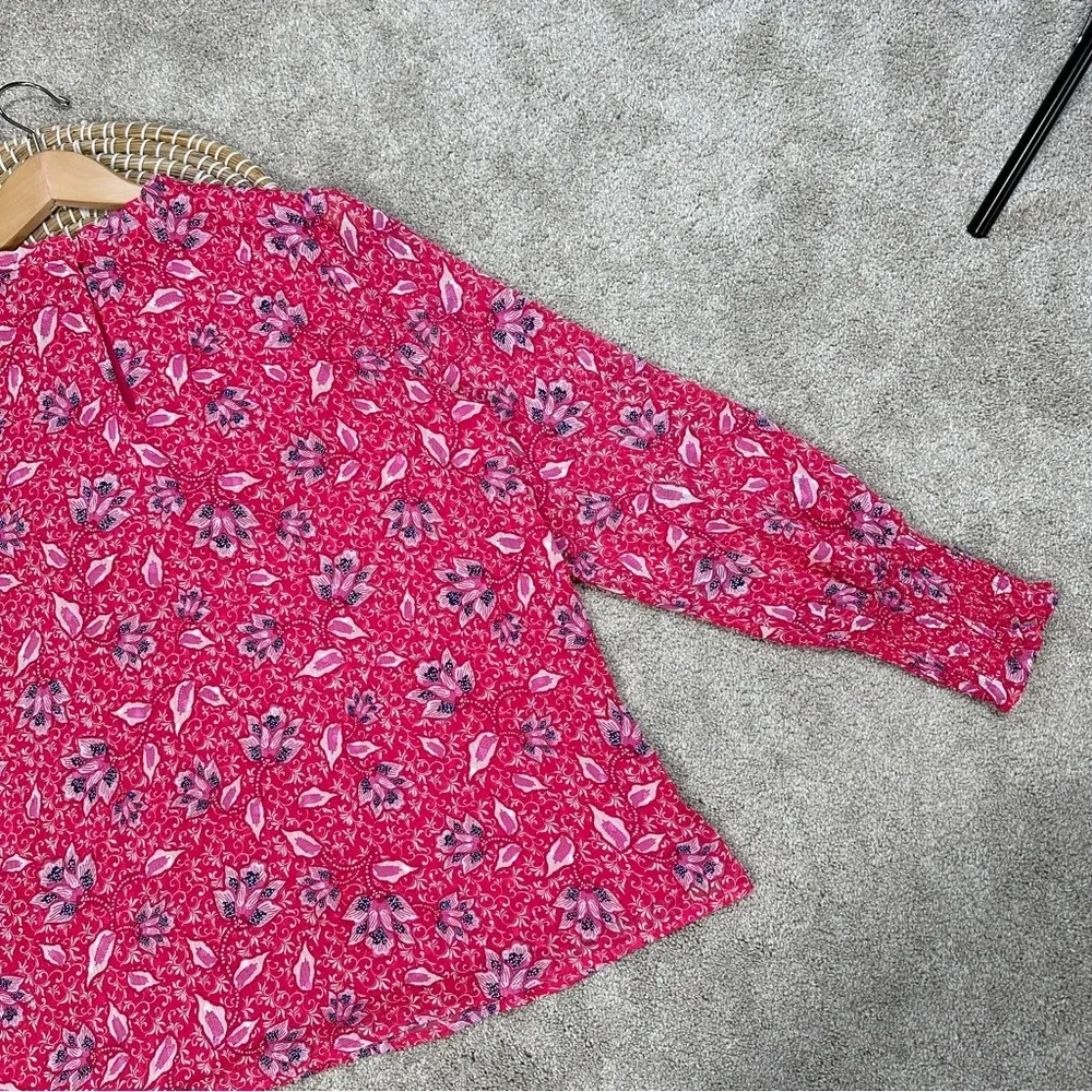 Joie Longsleeve Smocked Cuff Ruffle Neck Blouse Top Lined Floral Pink Size L - Image 7