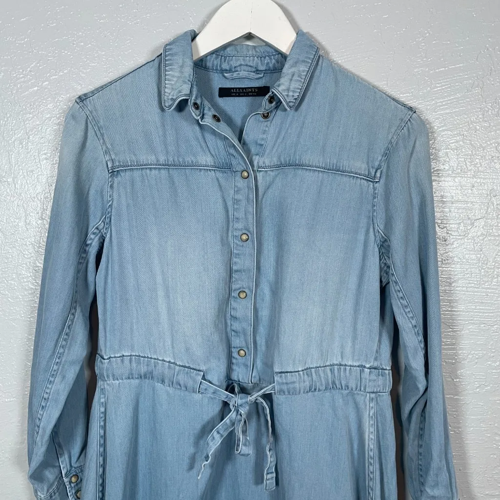 All Saints Women 2 Blue Denim Chambray Calla Bay Shirt Dress Snaps Tie Waist - Image 3