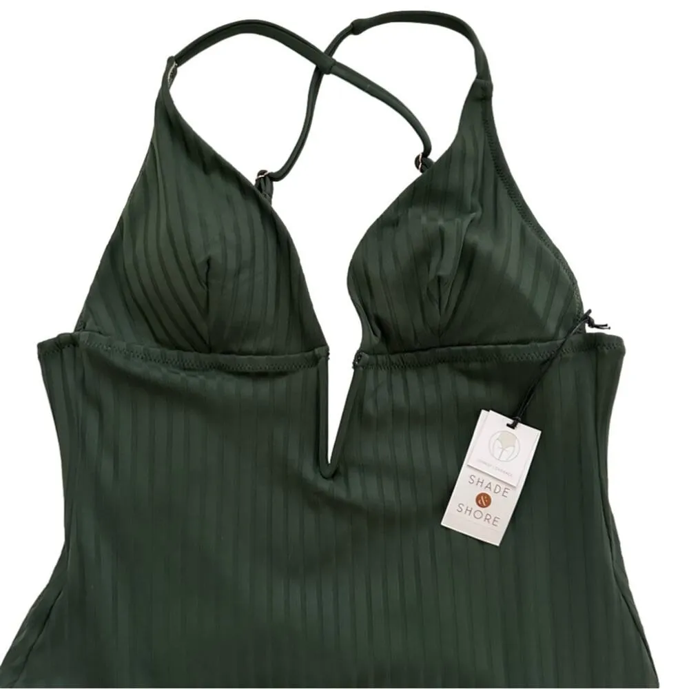 Shade & Shore Swimsuit One Piece Green Ribbed Plunge Swimsuit Size Large NEW - Image 4