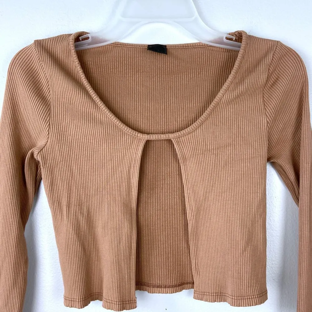 LA Luxe Brown Cardigan Pullover Front Top Connected Ribbed Long Sleeve Crop Size XS - Image 2